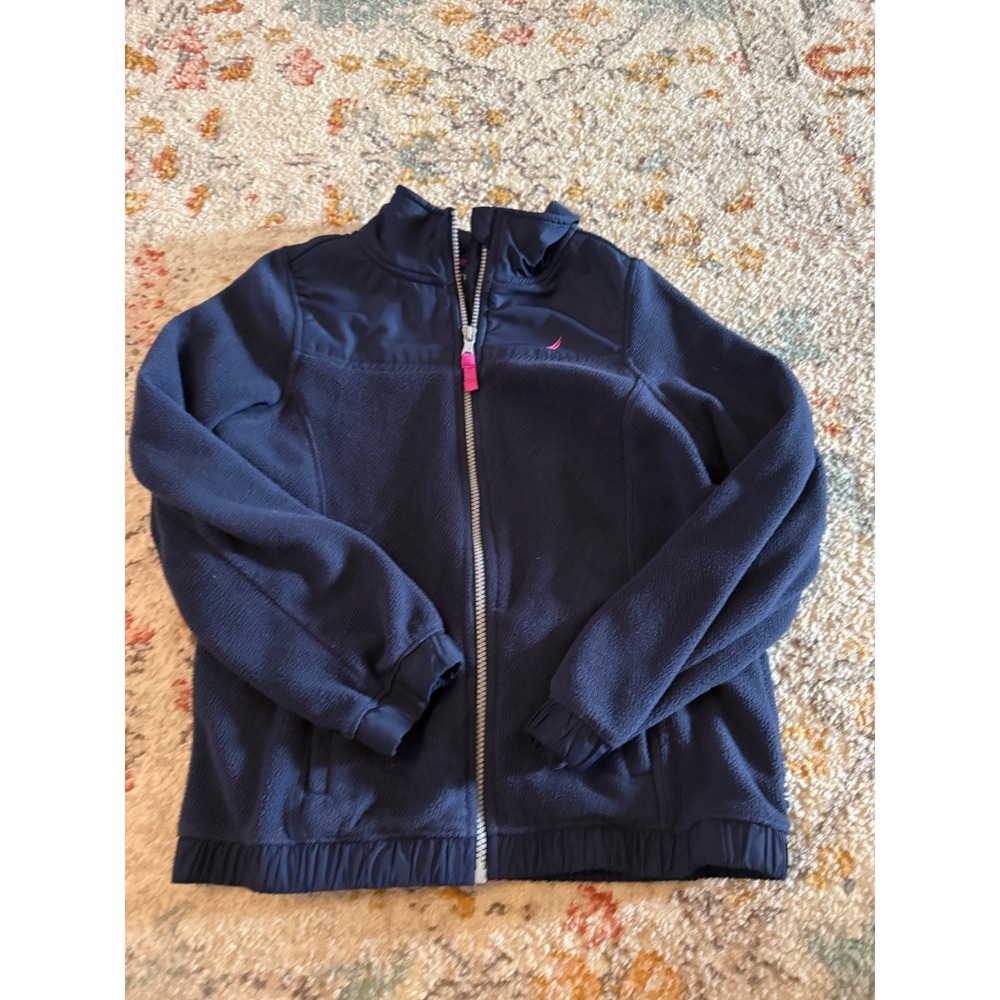 Nautica Girls Navy Blue Full Zip Fleece Jacket Pink Logo Mock Neck Size L 12/14